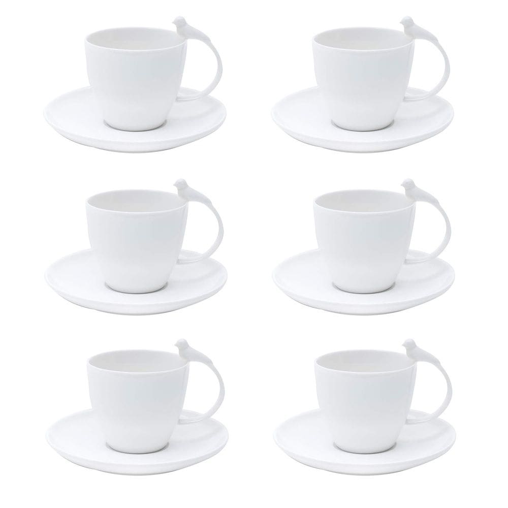 Cj 6 Xícaras P/Chá C/Pires de Porcelana Birds Branco 200ml Wolff