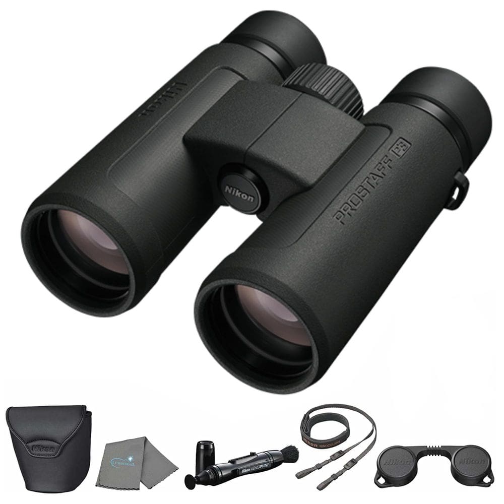 Binóculos Nikon Prostaff P3 10x30 pretos com lente, caneta e pano