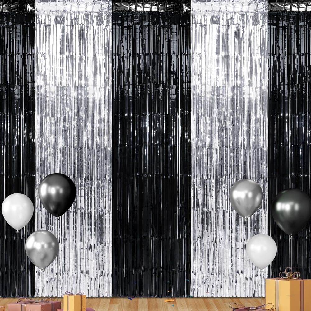 Cortina de franja, decorações de fundo, pacote com 3, preto e prata