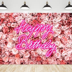 Pano de fundo fotográfico Riyidecor rosa Feliz Aniversário 2,1 x 1,5 m