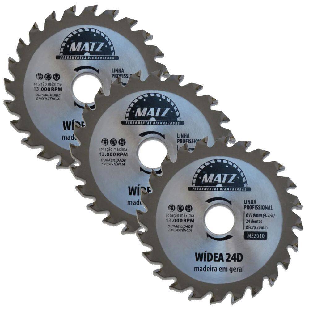 Kit 3 Disco Serra Wídea Madeira 24 Dentes 110mm x 20mm Matz