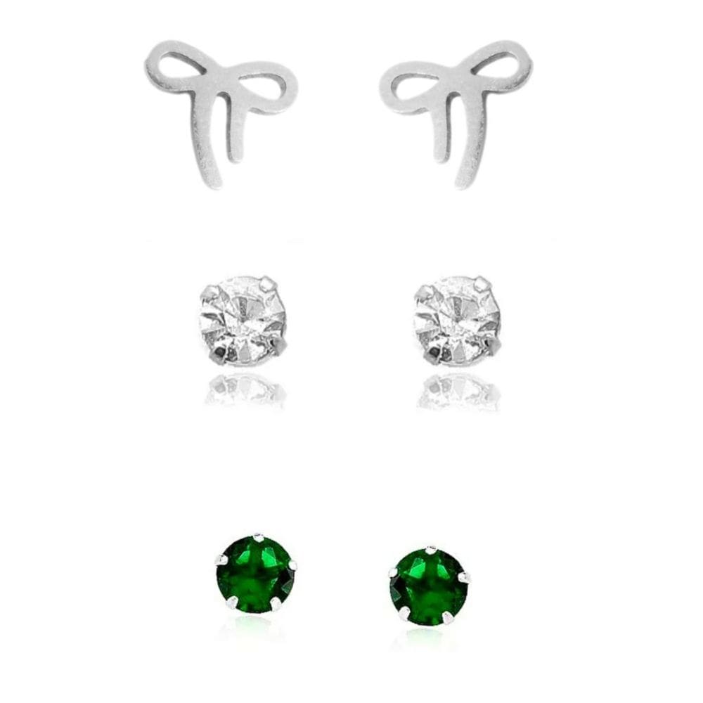 Trio de brinco laço, ponto de luz branco e verde de aço