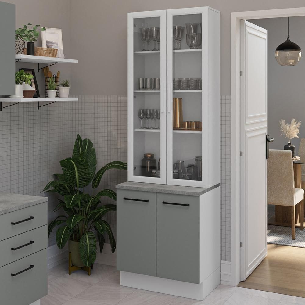 Kit Balcão + Cristaleira 70cm Branco Cinza Agata Madesa 01 Branco Cinza