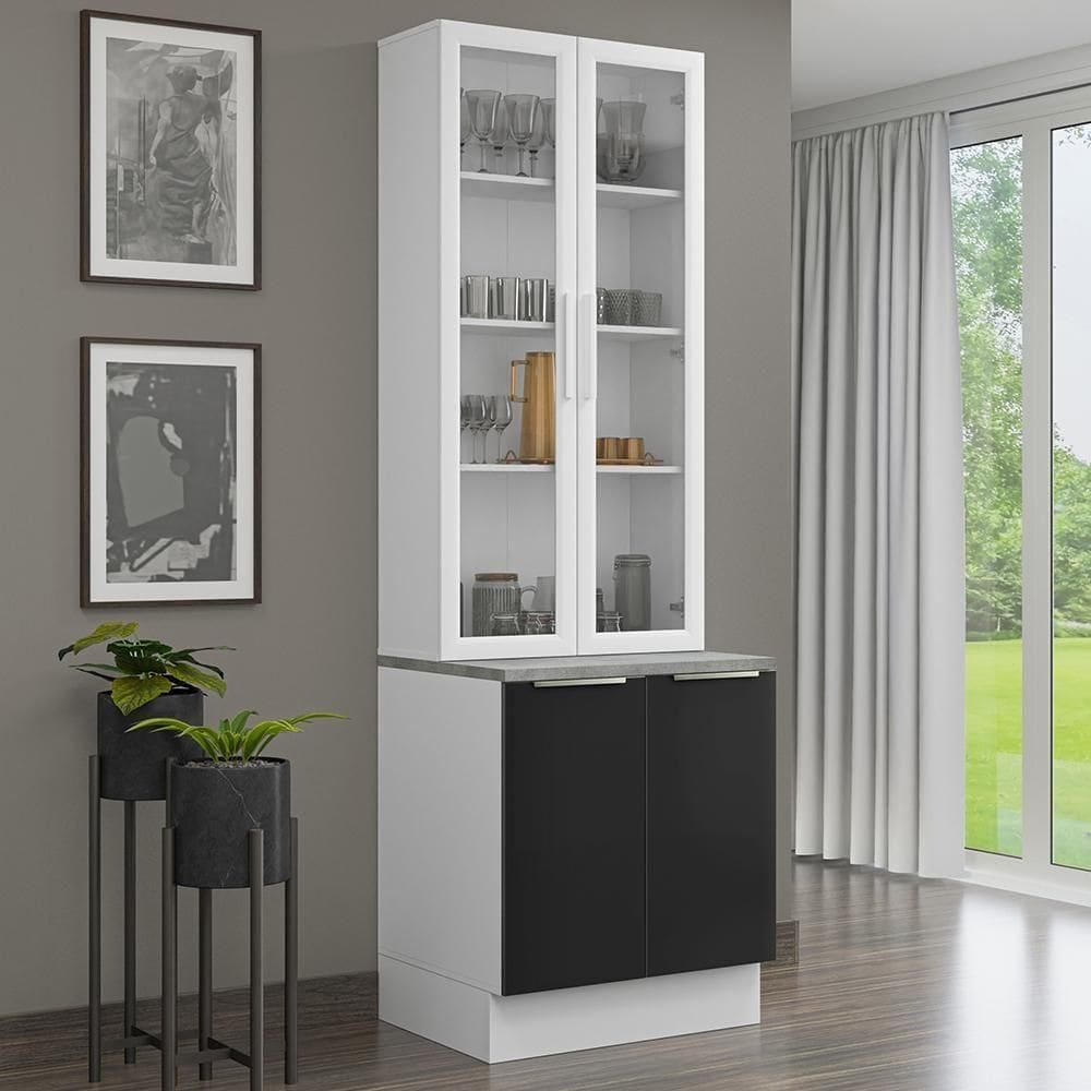 Kit Balcão + Cristaleira 70cm Branco Preto Lux Madesa 01 Branco Preto
