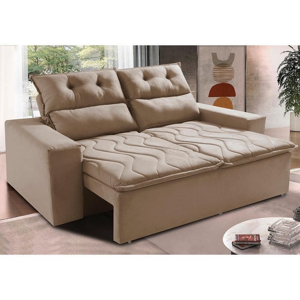Sofá Retrátil E Reclinável 1,50m Cama Inbox Smal Com Bordado Pantográfico Suede Bege