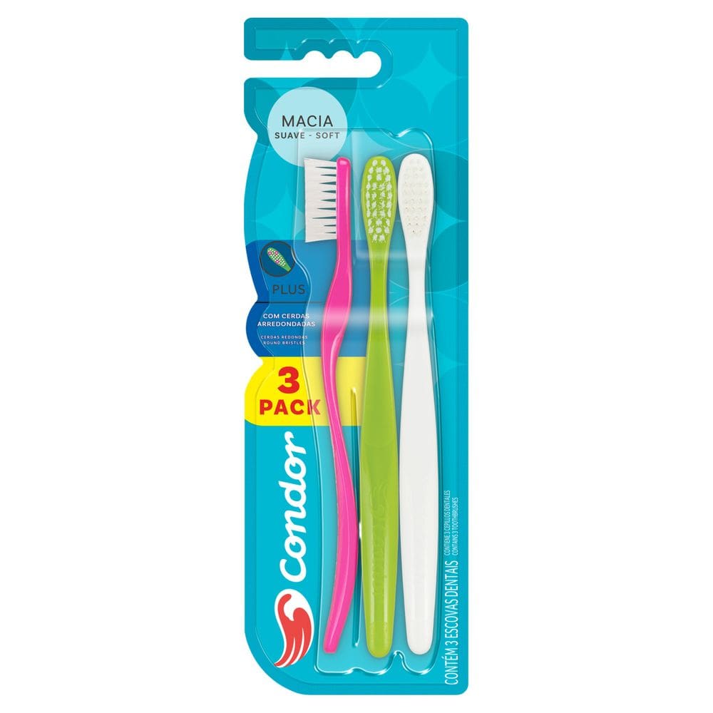 Pack Escova Dental Macia Arredondadas Condor Plus 3 Unidades