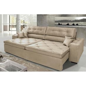 Sofá Austin 3,02m Retrátil, Reclinável Com Molas No Assento E Almofadas, Suede Bege Cama Inbox