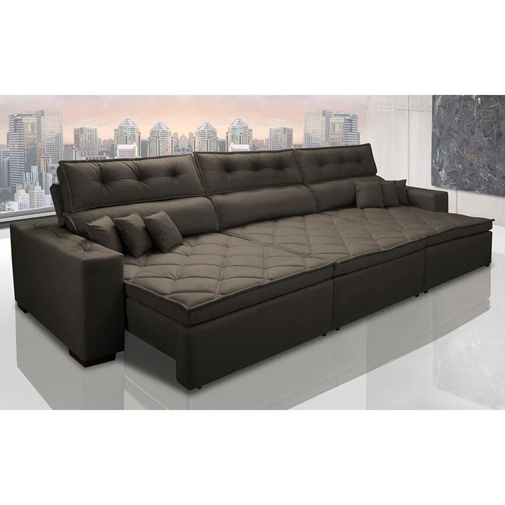 Sofá Retrátil E Reclinável 3,52m Austin Com Molas No Assento Tecido Suede Velusoft Café