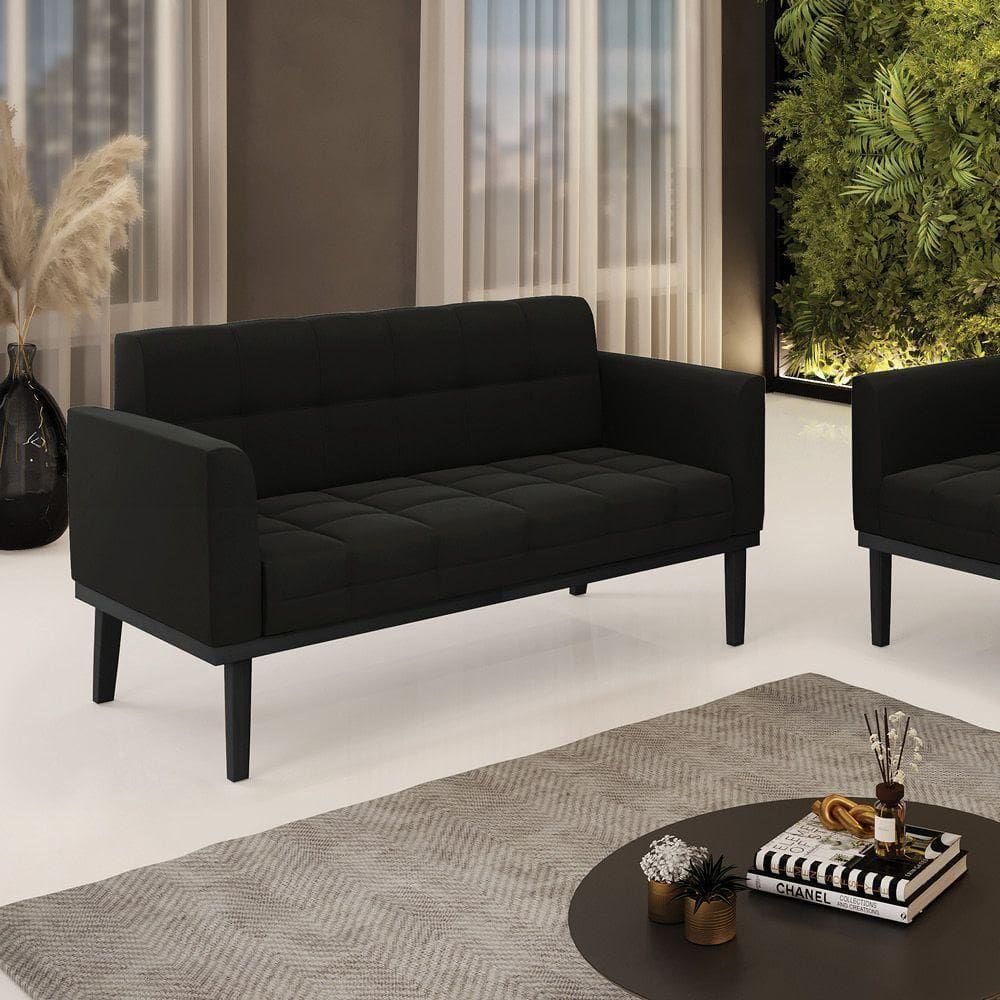 Poltrona Namoradeira Decorativa Pés Fixo Em Madeira Preto Suede Preto