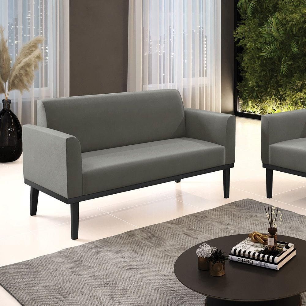 Poltrona Namoradeira Decorativa Pés Fixo Em Madeira Preto Suede Grafite