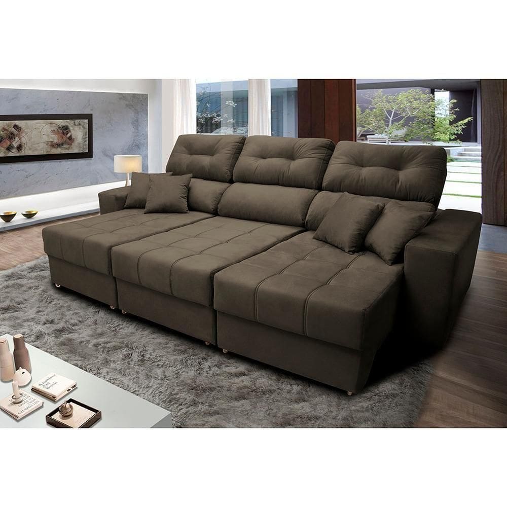 Sofá Retrátil E Reclinável Cama Inbox Diamond 2,25m Tecido Suede Velusoft Café