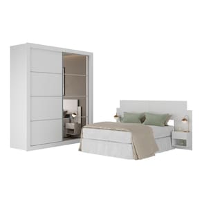 Guarda Roupas Casal Espelho E Cabeceira Com 2 Mesas De Cabeceira Multimóveis MP4327 Branco
