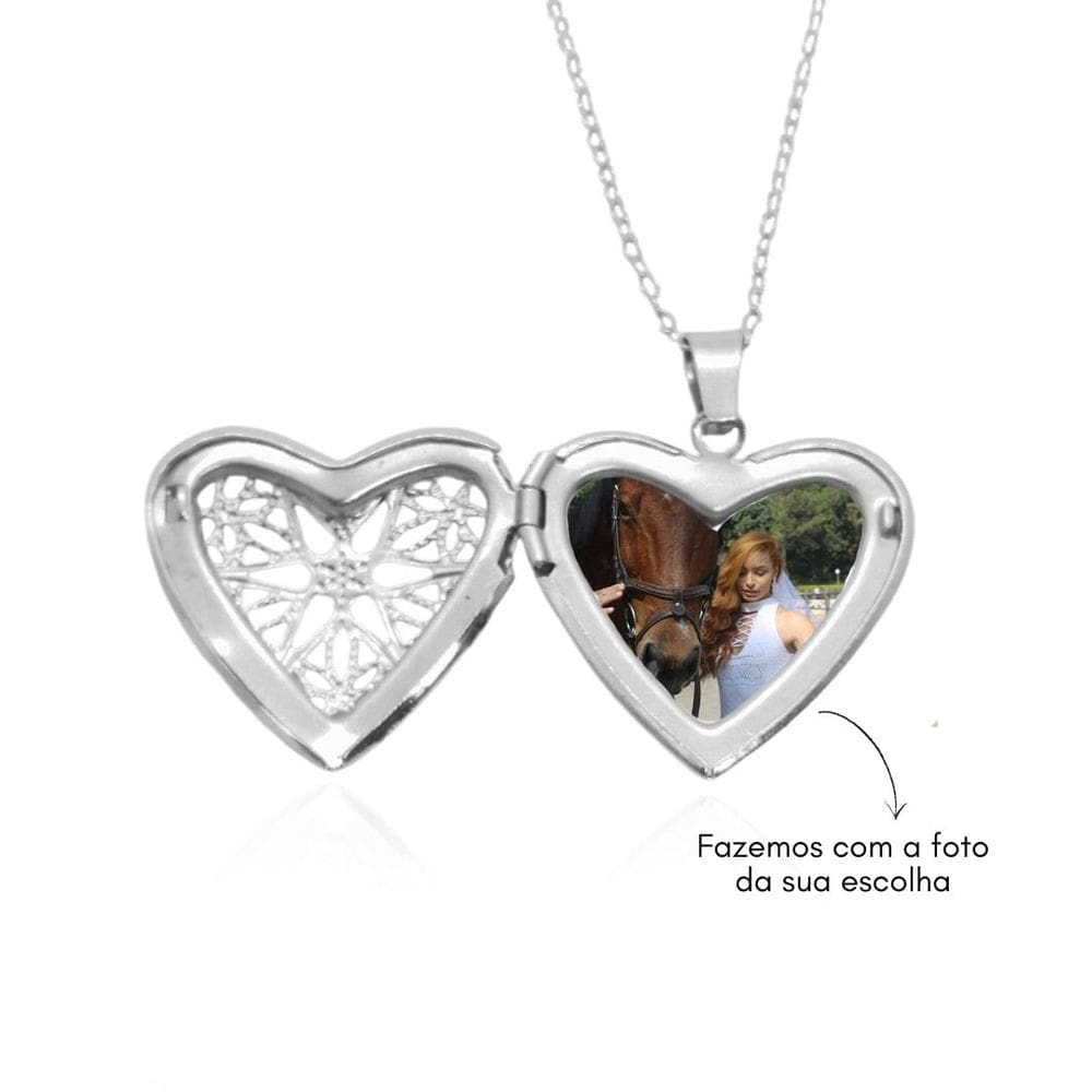 Colar relicário com foto de coração de aço