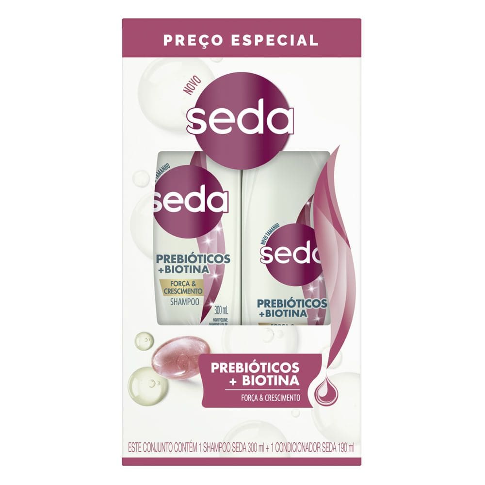 Shampoo 300ml + Condicionador 190ml Seda Prebióticos e Biotina Força e Crescimento