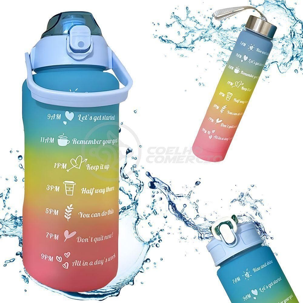 Garrafas De água Motivacionais 3 Em 1 Squeeze 2l Azul Tie Dye + Adesivos 2d E 3d Inclusos
