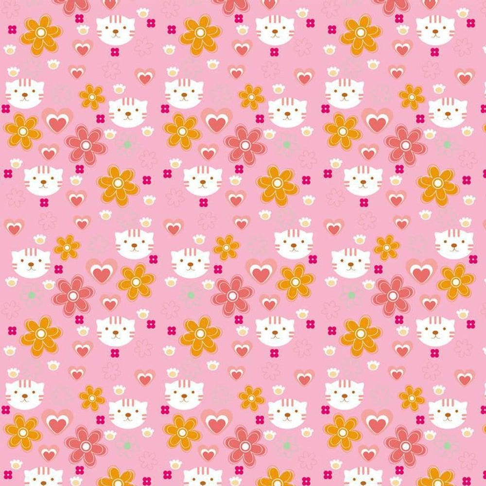 Papel De Parede Rosa Flores Gatinha E Corações Decorativo