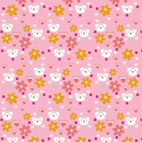 Papel De Parede Rosa Flores Gatinha E Corações Decorativo