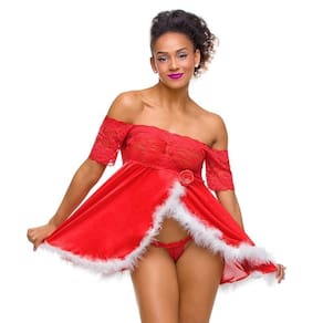 Fantasia Mamãe Noel Vestido em Cetim Com Detalhes em Renda