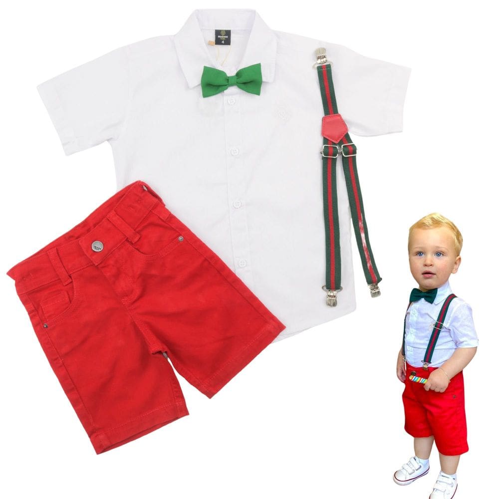 Traje Conjunto Menino Camisa Bermuda Suspensório Gravata