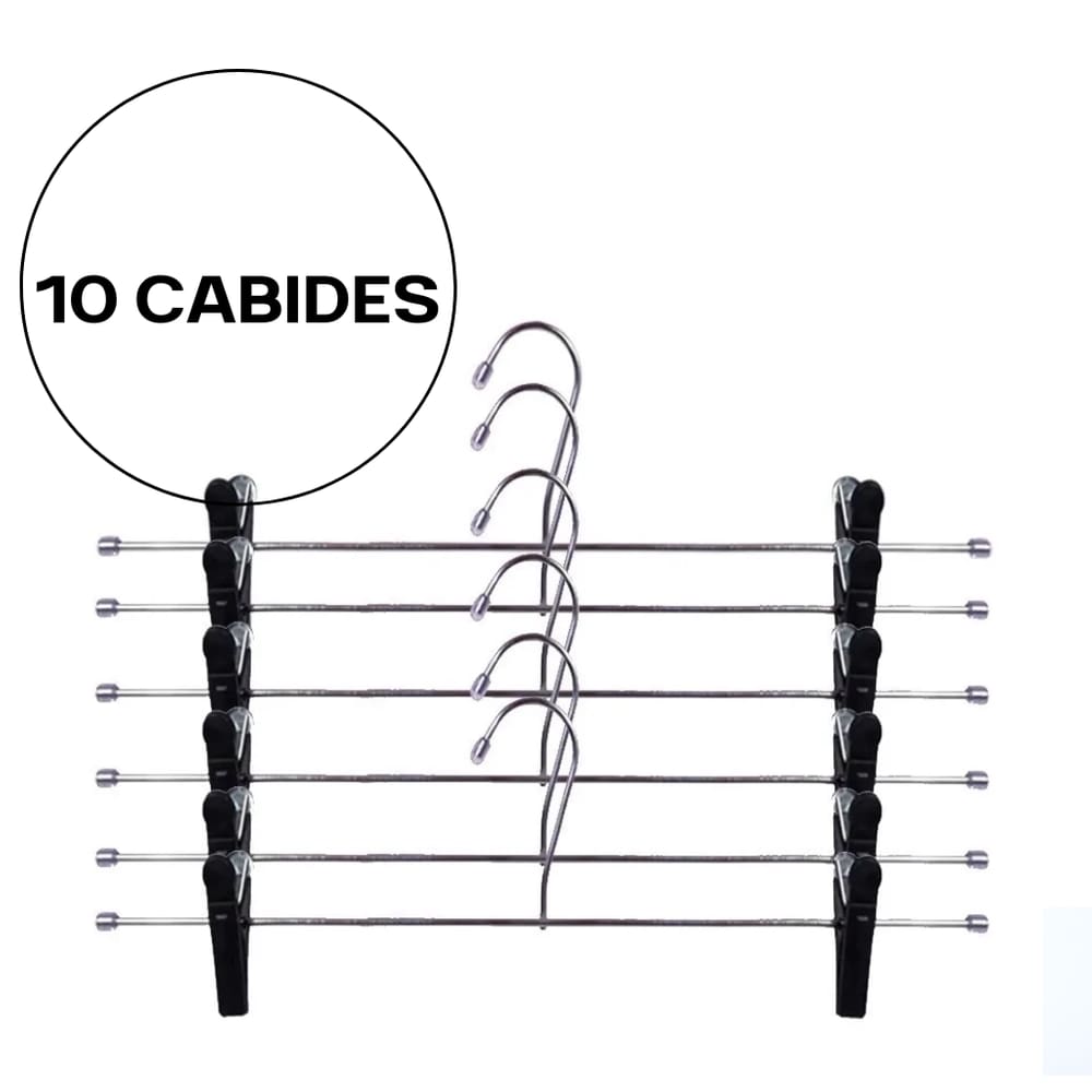 KIT 10 Cabides Para Saia  Em Aço Cromado Calça Shorts com Presilhas Preta