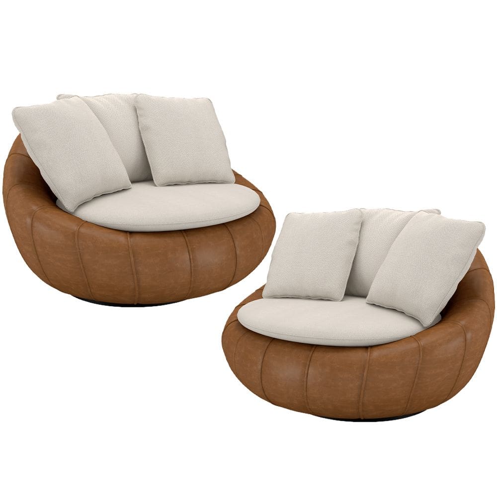 Kit 02 Poltronas Giratórias Para Sala de Estar Kira M03 Couríssimo Whisky Linho Cru - Lyam Decor