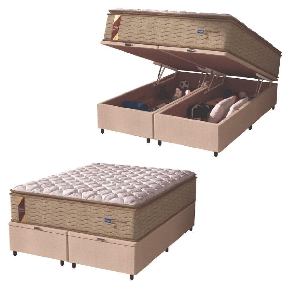 Cama Box Baú Casal King Colchão Molas Guarda Costas Max Com Pillow 193x203x81cm Suede Bege/branco