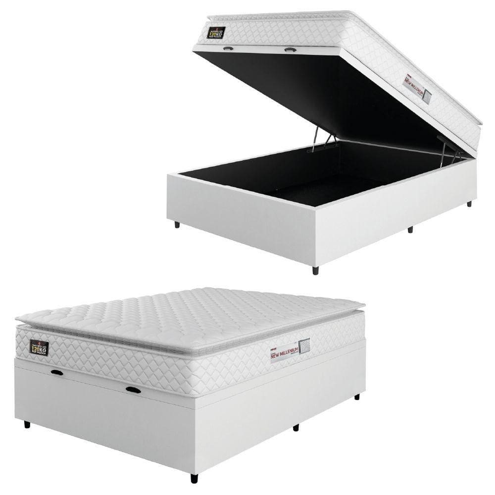 Cama Box Baú Casal Colchão Espuma D33 Pillow Top New Millenium 138x188x60cm Branco Hellen