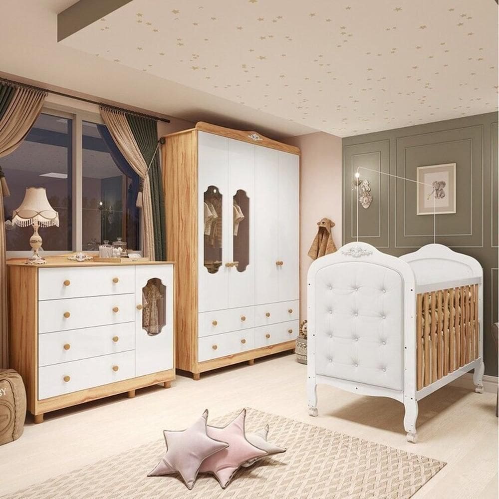 Quarto de Bebê com Guarda-Roupa Cômoda e Berço com Capitonê 100% MDF Maya Provençal Espresso Móveis Branco Brilho/Amêndoa/Branco