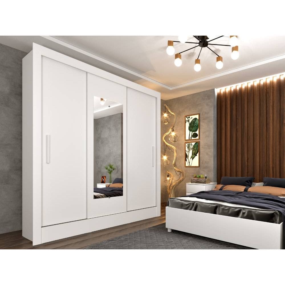 Guarda Roupa Casal 3 Porta de Correr com Espelho e 4 Gavetas Valencia Tcil – Branco