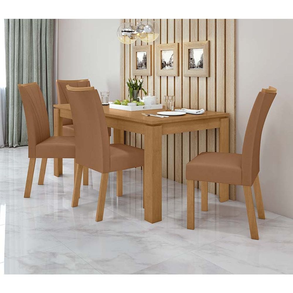 Conjunto Sala de Jantar Mesa Athenas Com 4 Cadeiras Apogeu Lopas Amêndoa Clean/Corino Caramelo