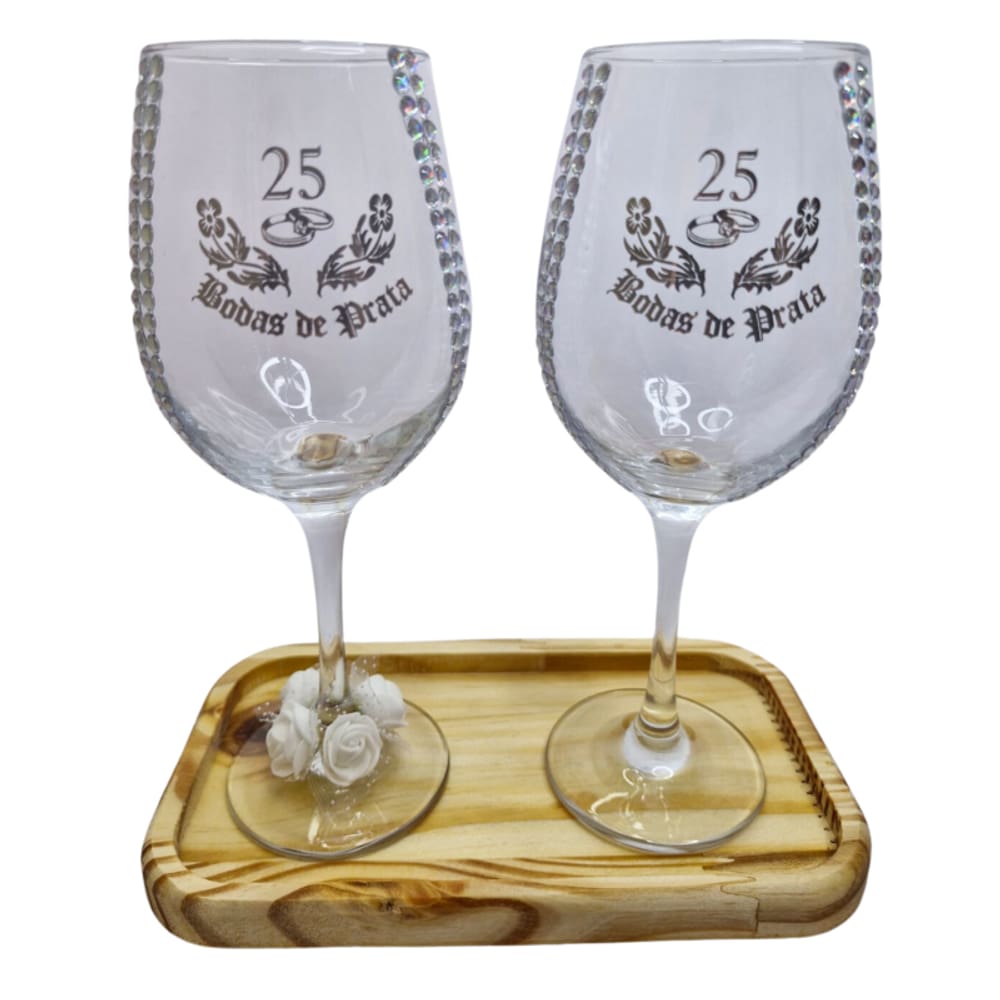Kit 2 Taças Vidro Bandeja Bodas de Ouro 50 Anos Rosas Luxo