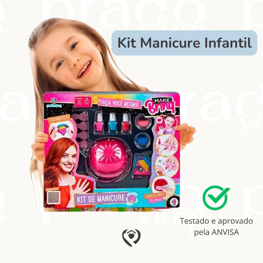 Kit Manicure Infantil Com Esmalte Lixa Brilhos Cabine Secadora Separador de Dedos