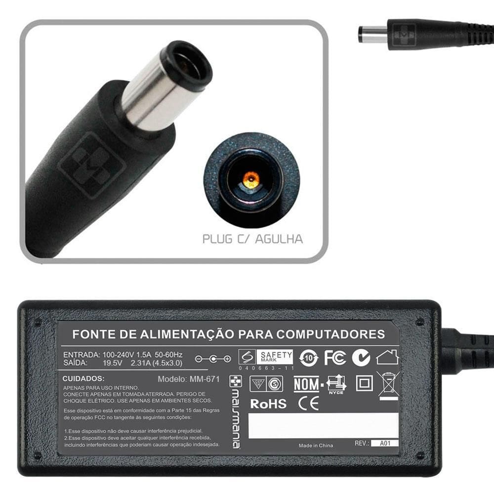 Fonte Carregador Note 19,5V 2,31A 4.5X3.0 Dell Ultrabook