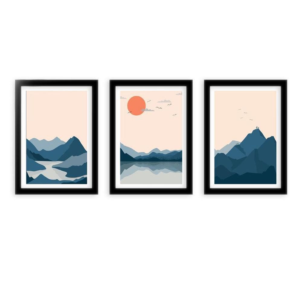 Kit 3 Quadros Decorativos Com Molduras Montanhas Por Do Sol