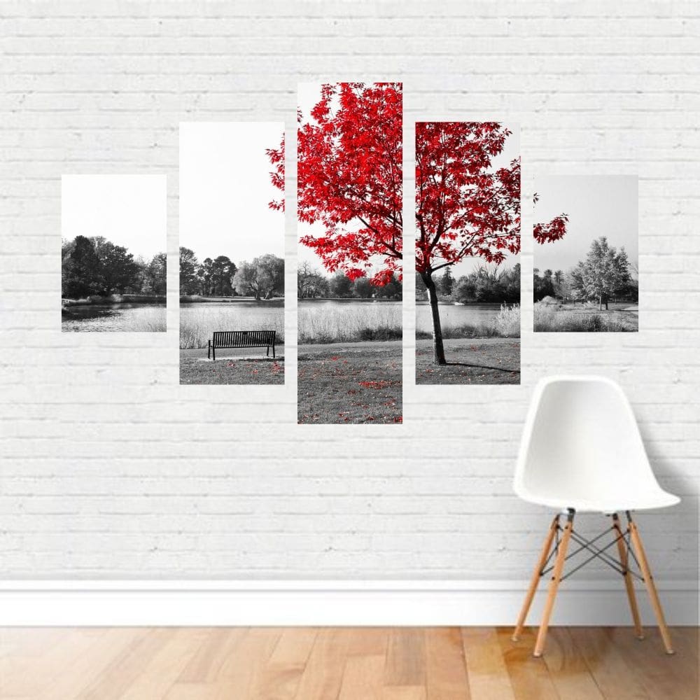 Quadro Preto e Branco Árvore Vermelha Praça Parque em Canvas