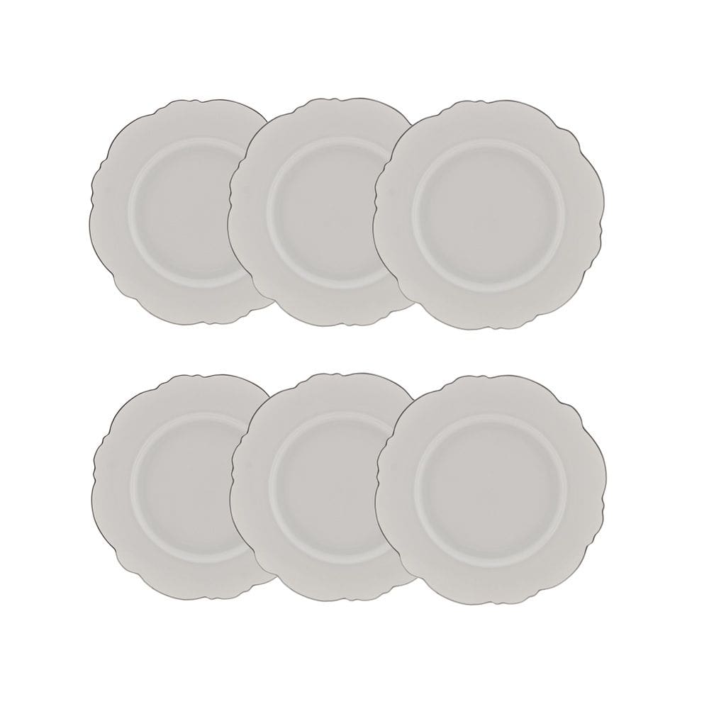 Cj 6 Pratos Rasos P/Sobremesa de Porcelana Branca Maldivas C/Filete Prata 21cm Wolff