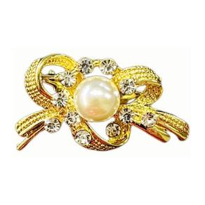 Broche Laço Dourado Com Strass E Pérola 4Cm X 2Cm