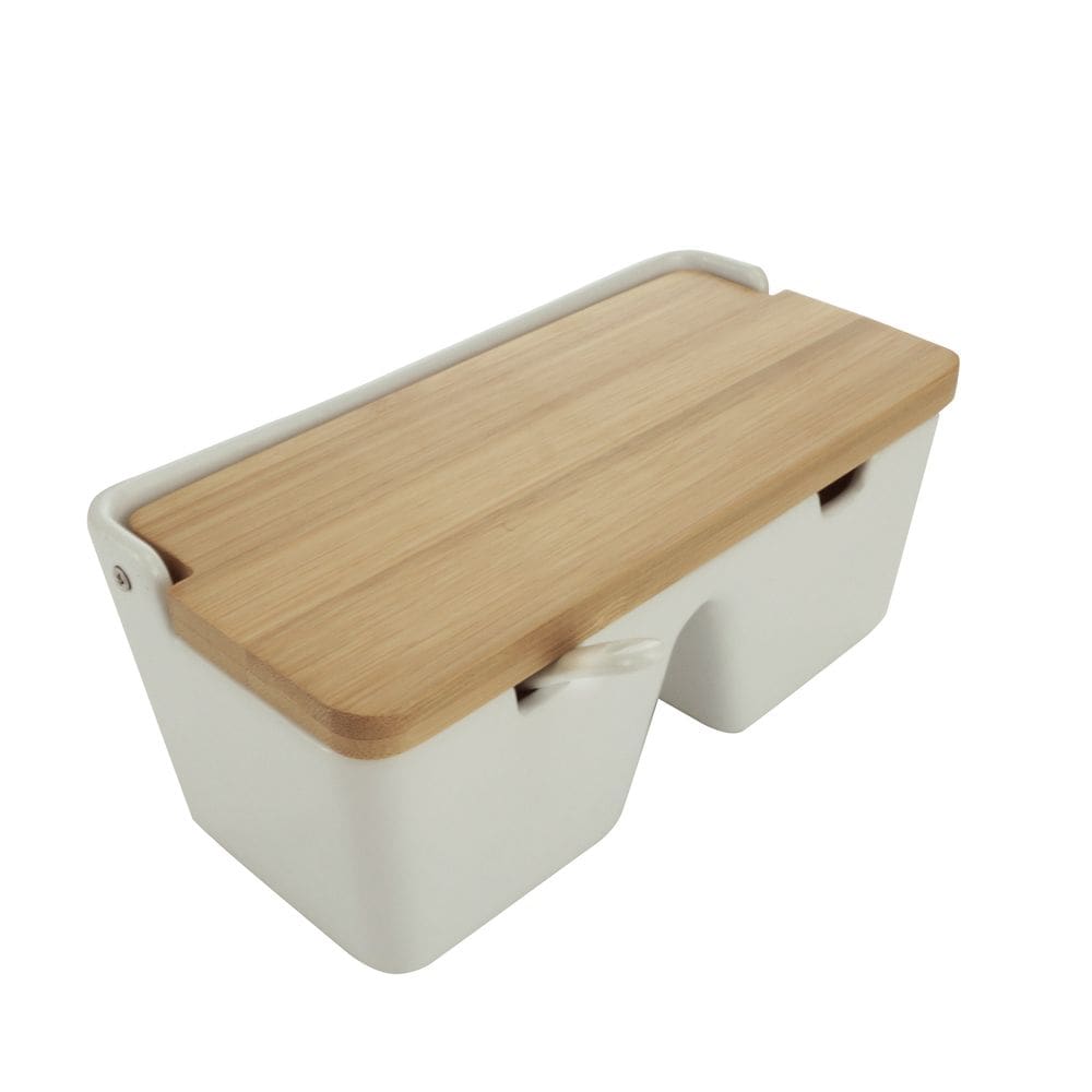 Saleiro de Cerâmica C/2 Divisórias Tampa de Bambu e Colher Bianco Lyor