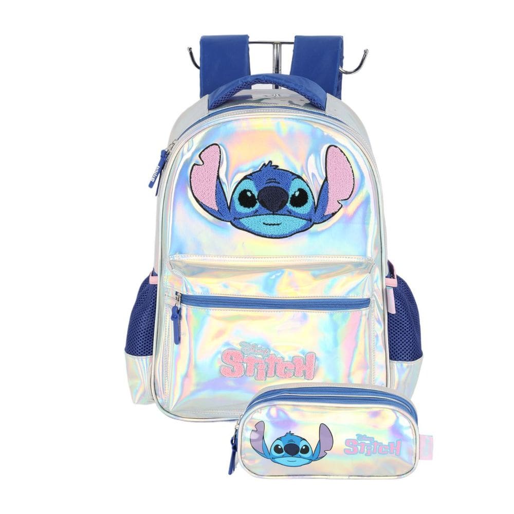 Mochila Costas Stitch Com Estojo Triplo Escolar Holográfico