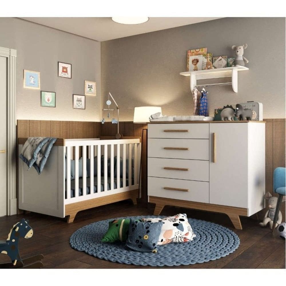 Conjunto para Quarto de Bebê com Cômoda Berço e Prateleira Retrô Branco Brilho/Carvalho