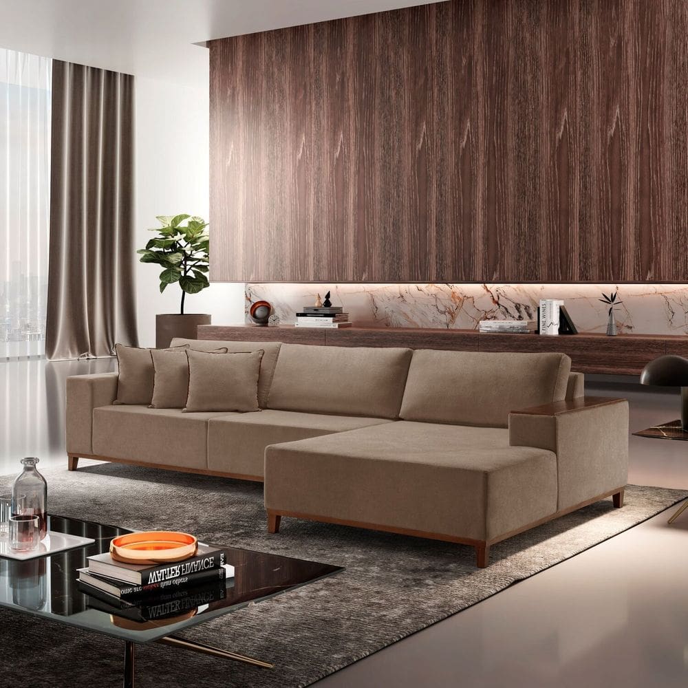 Sofá com Chaise 4 Lugares Veludo 290 Cm Grécia Bege
