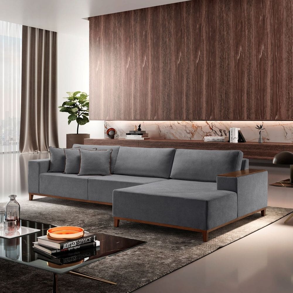 Sofá com Chaise 4 Lugares Veludo 290 Cm Grécia Cinza