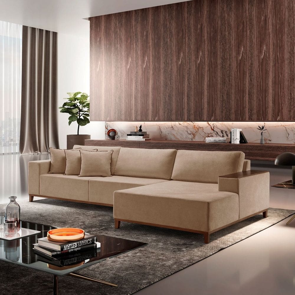 Sofá com Chaise 4 Lugares Linho 270 Cm Grécia Cinza