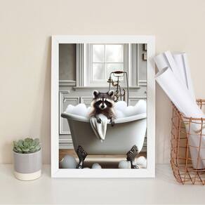 Quadro Banheiro Guaxinim Tomando Banho 24X18Cm - Com Vidro