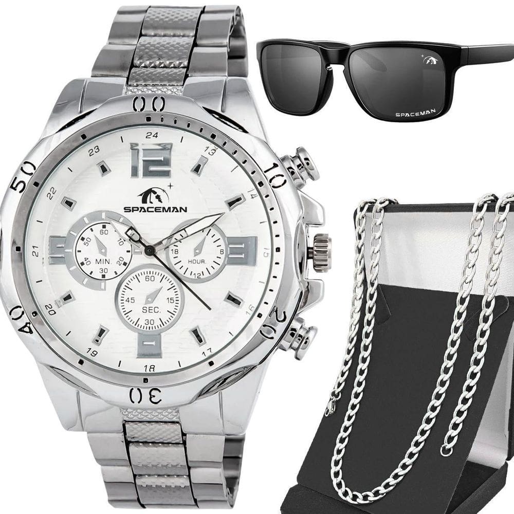 Relógio Masculino Prata Aço Inoxidável + Cordão + Óculos Sol