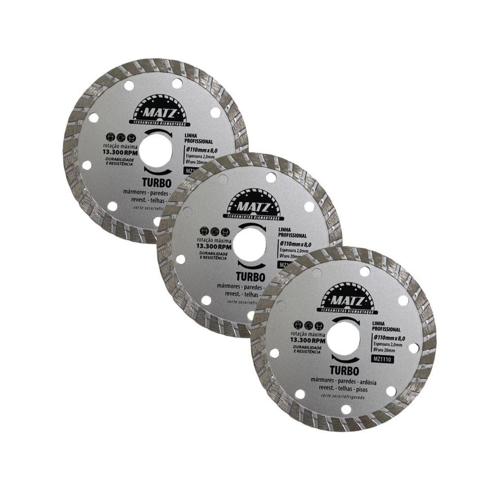 Kit 3 Disco De Corte Diamantado Turbo 8Mm 110Mm X 20Mm Matz
