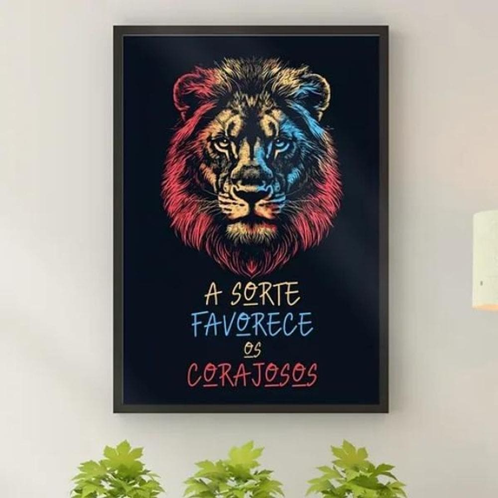 Quadro Leão Sorte Favorece Corajosos 33X24Cm