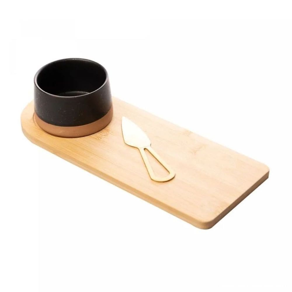 Conjunto Petisqueira com Bandeja de Bambu e Faca Dourada 12x30x6cm 220455 - Lyor