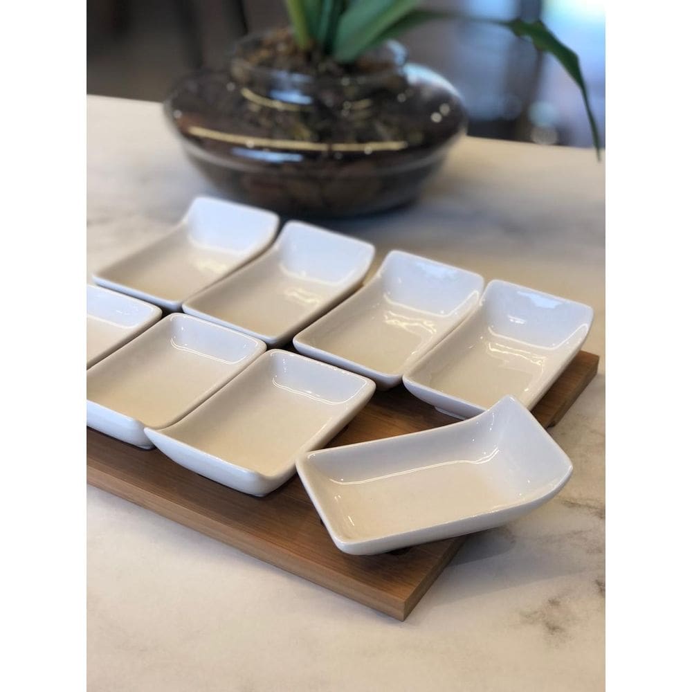 Conjunto 8 Petisqueiras de Porcelana Com Tábua de Bambu