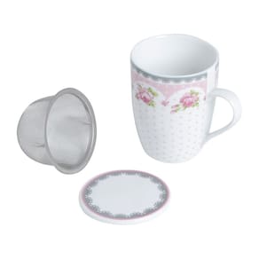 Caneca de Porcelana Branca com Rosa Super White com Tampa e Filtro 310ml 2178 - Lyor